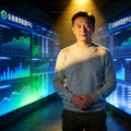 乐鱼集团首席执行官肖像，身着商务休闲装，背景为集团赛事数据墙